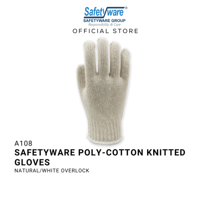 SAFETYWARE Polyester Cotton Knitted Glove 800g Natural Color with White Overlock Sarung Tangan Kerja 12 pairs 1 dozen