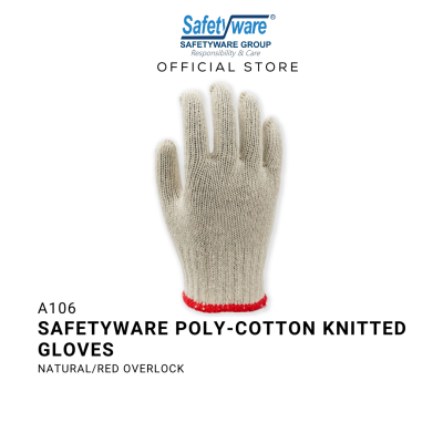 SAFETYWARE Polyester Cotton Knitted Glove 600g Natural Color with Red Overlock Sarung Tangan Kerja 12 pairs 1 dozen