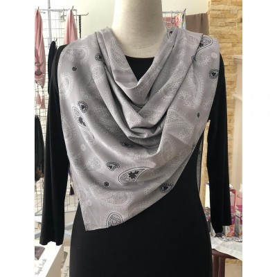 Square Satin Scarf - Greyish Gold Paisley With Twilly