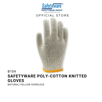 SAFETYWARE Polyester Cotton Knitted Glove 380g White Color with Yellow Overlock Sarung Tangan Kerja 12 pairs 1 dozen