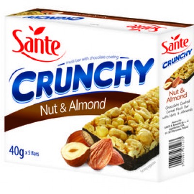 SANTE Crunchy Bar Nut & Almond with Chocolate Coating 5 x 40gm Box (40 Units Per Carton)