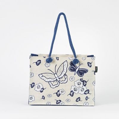 # AB 9 - TOSSA Fashion Jute Bag, floral print/ royal blue (25 Units Per Carton)