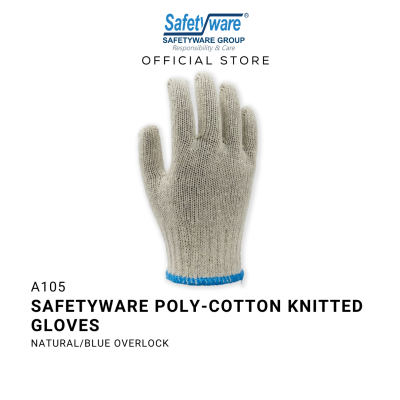 SAFETYWARE Polyester Cotton Knitted Glove 500g Natural Color with Blue Overlock Sarung Tangan Kerja 12 pairs 1 dozen