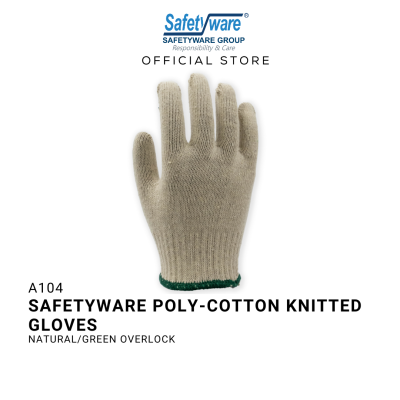 SAFETYWARE Polyester Cotton Knitted Glove 400g Natural Color with Green Overlock Sarung Tangan Kerja 12 pairs 1 dozen