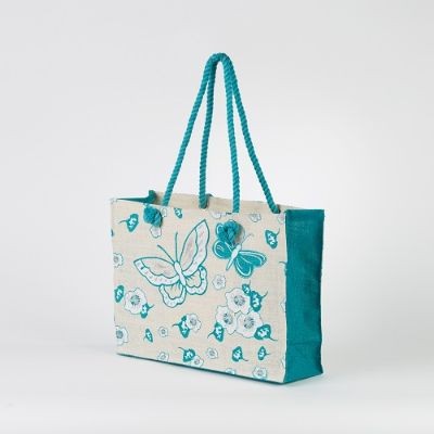 # AB 10 - TOSSA Fashion Jute Bag, floral print/ light blue (350 gm. Per Unit)