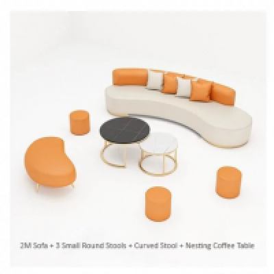2M Sofa + 3 Small Round Stools + Curved Stool + Nesting Coffee Table