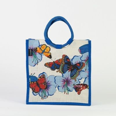 # AB 13 - TOSSA Fashion Jute Bag - butterfly print/royal blue (300 gm. Per Unit)