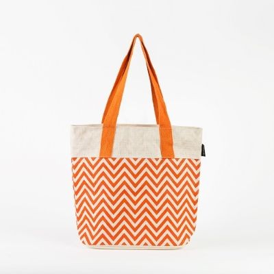 # AB 35 - TOSSA Fashion Jute Bag - Zig Zag print/ orange&whiite (350 gm. Per Unit)
