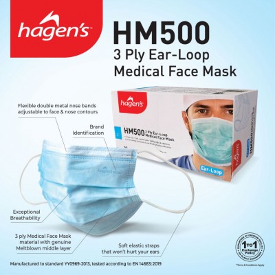 Hagen's HM500 Medical Non-Woven 3ply Face Mask (Blue) (ctn x 20 boxes x 50pcs)