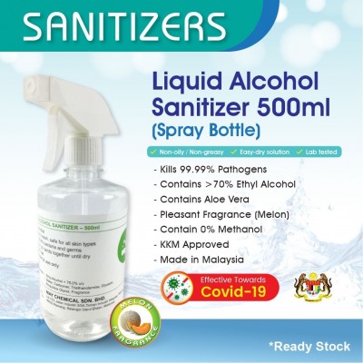 500ML Liquid Alcohol Sanitizer (Spray Type) with Aloe Vera Melon Flavour, 70-75% Ethyl Alcohol Content with Safety Data Sheet (SDS) available