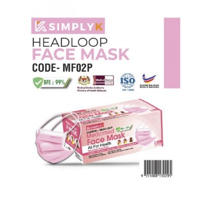 SIMPLY K HEADLOOP FACE MASK 3 PLY BFE <95% FOR HIJAB WOMEN 50PCS PREMIUM QUALITY-COLOUR FACE MASK