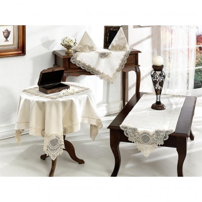 Riva Salon Takimi - Nazik 5 Pieces Table Cloth Set (Cream Beige)