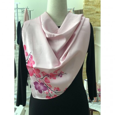 Square Satin Scarf - Pink Cherry Blossom With Twilly
